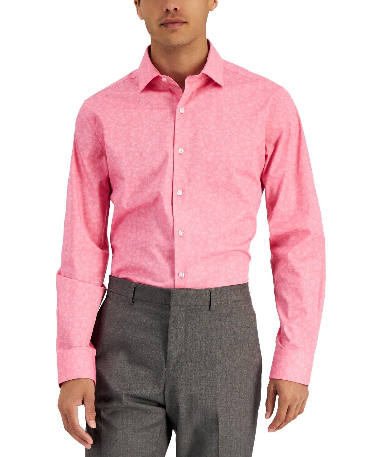 Bar III Mens Slim-Flit Floral Stretch Bright Pink Button Down Shirt Small