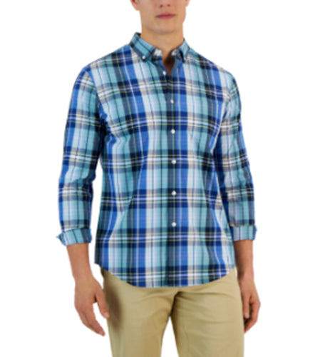 Club Room Mens Arthur Classic Fit Plaid Button Dress Shirt Navy Blue Small