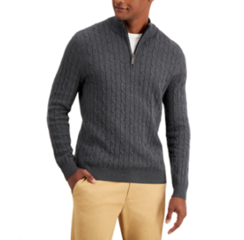 Club Room Mens Quarter-Zip Cable-Knit Sweater Charcoal Heather XL