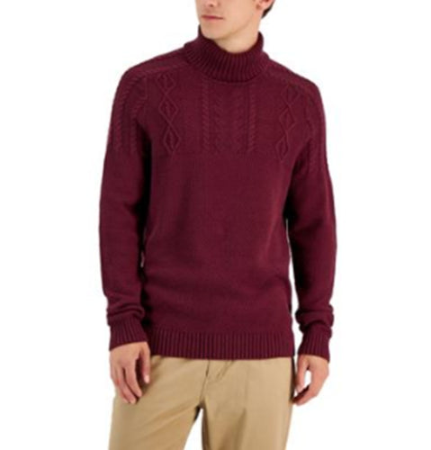 Club Room Men's Chunky Cable Knit Turtleneck Sweater Red Plum Medium Cotton