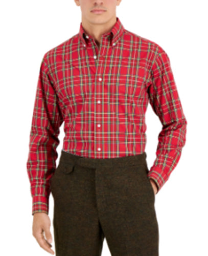 CLUB ROOM Men's Regular Fit Cotton Dress Shirt Plaid Red/Navy/Green 17.5