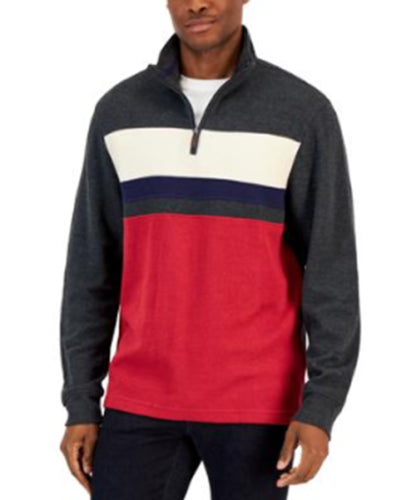 Club Room Mens Colorblocked Quarter Zip Sweater XL Red Grey