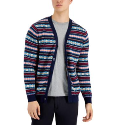 Club Room Men's Cozy Fair Isle Button Up Cardigan Sweater Navy Blue XL