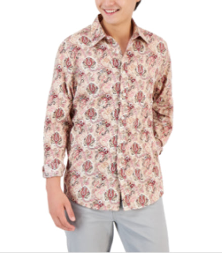 Club Room Mens Everly Paisley Button Down Shirt Khaki Beige Small