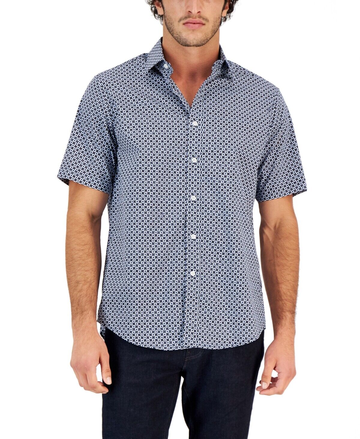 Club Room Mens Geometric Woven Short-Sleeve Navy Blue Combo Medium