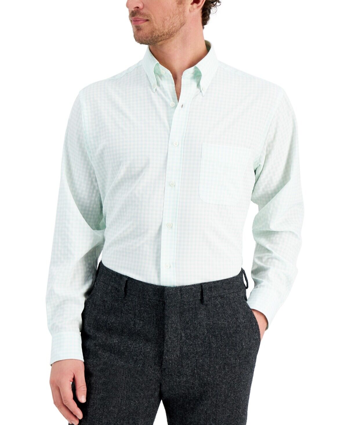 Club Room Mens Gingham Regular Fit Button-Down Shirt Mint 17.5/ 36-37