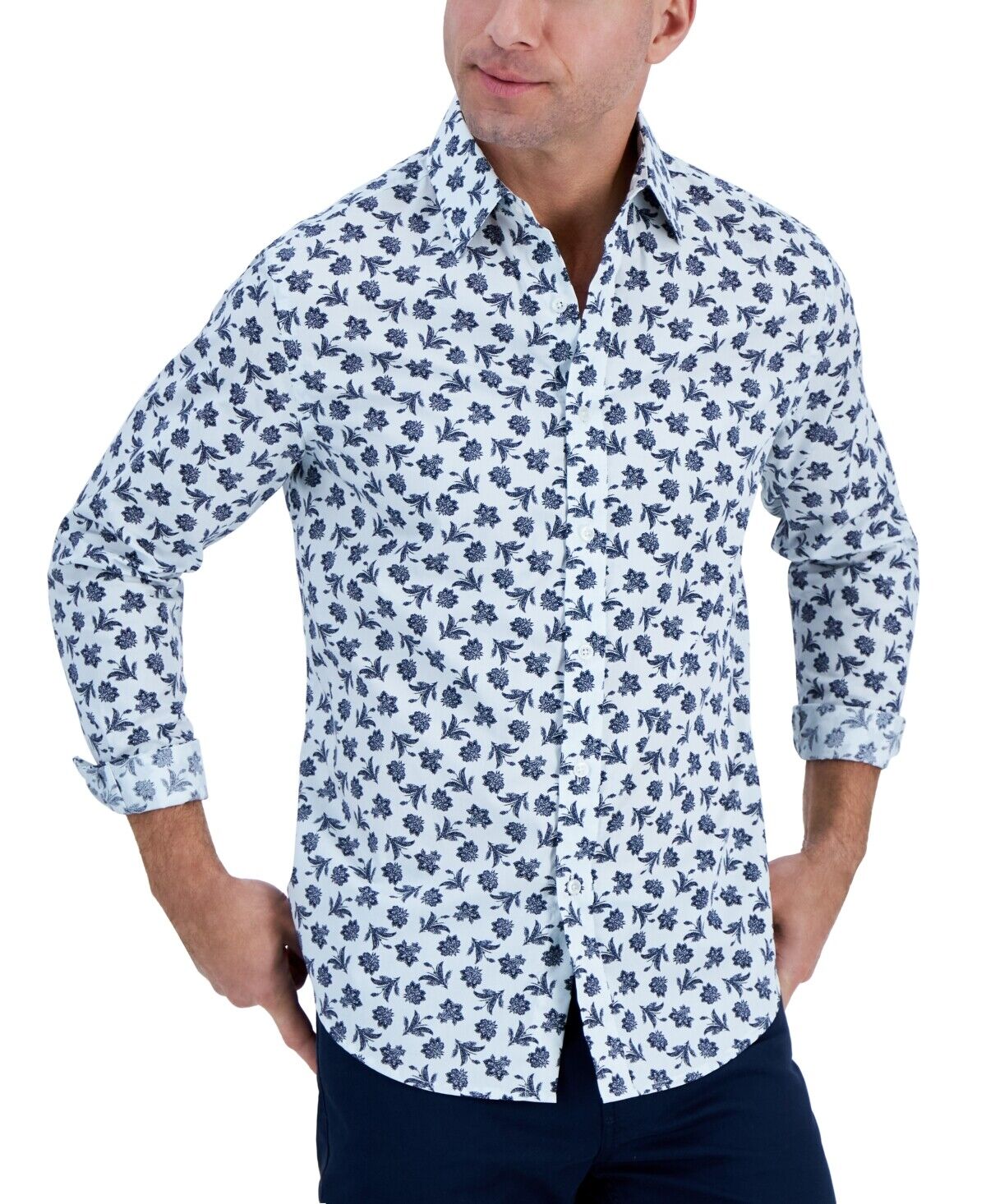 Club Room Mens Long Sleeve Button Down Shirt Floral Navy Blue Combo Small
