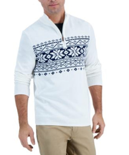 Club Room Mens Quarter Zip Cotton Fair Isle Sweater White Blue 2XL