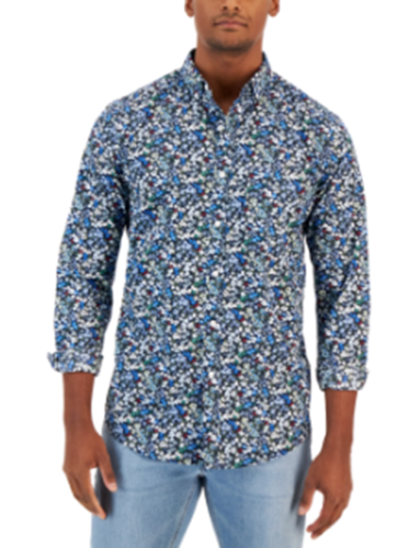 Club Room Mens Rada Classic-Fit Floral Button Shirt Navy Blue Combo Large