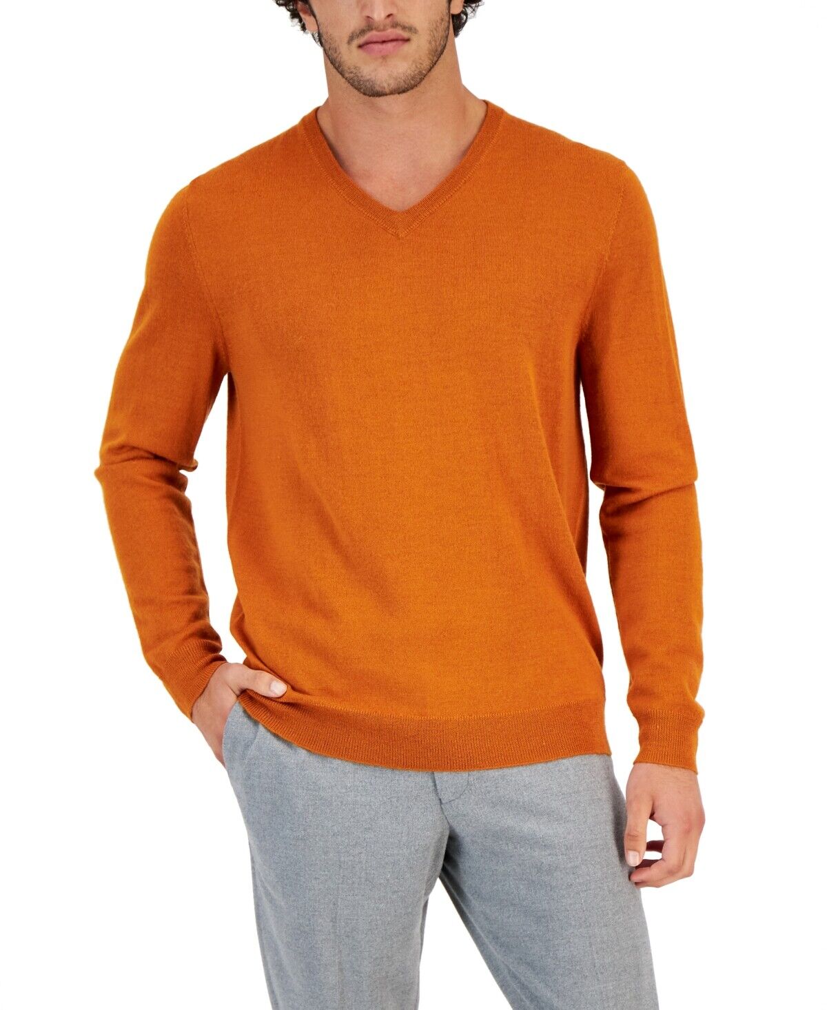 Club Room Mens Regular-Fit Solid V-Neck Sweater Orange Pumpkin Wool