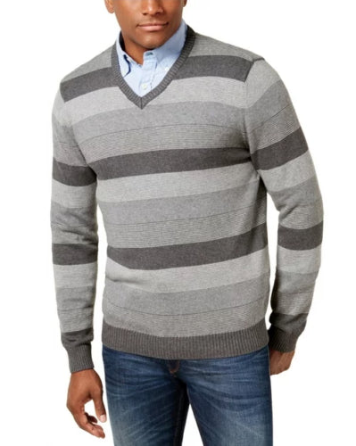 Club Room Mens Stripe Sweater Soft Grey Heather XL