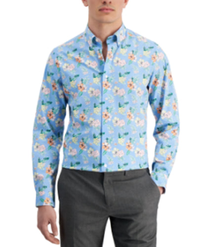 Club Room Mens Tropical Floral Dress Shirt Light Blue Orange Small