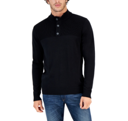 Club Room Men's Waffle Mock Neck Henley Sweater Deep Black Large