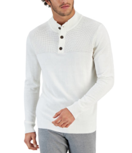 Club Room Men's Waffle Button Mock Neck Sweater Winter Ivory Medium