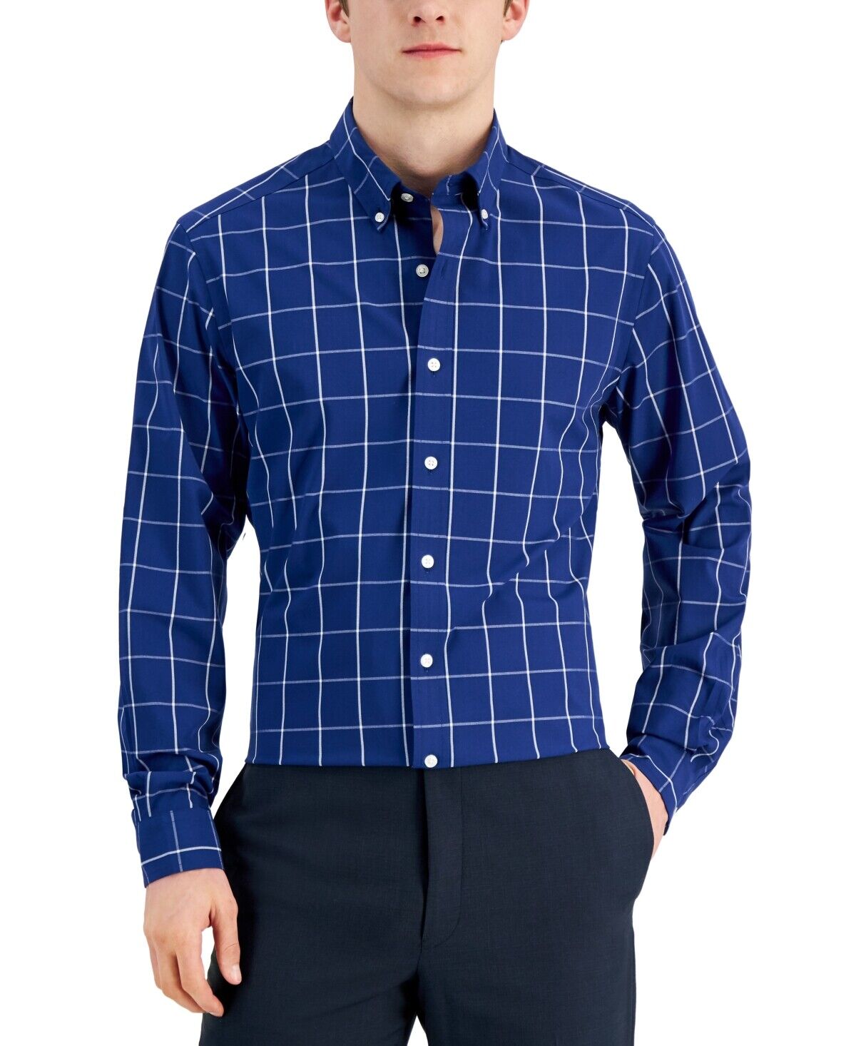 Club Room Mens Windowpane Button Down Dress Shirt Navy White Small