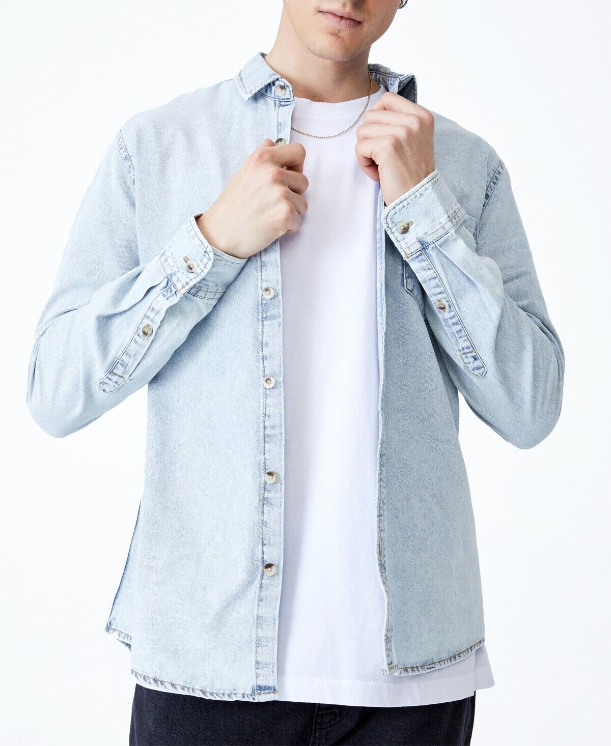 COTTON ON Mens Camden Long Sleeve Shirt Bleach Denim Large