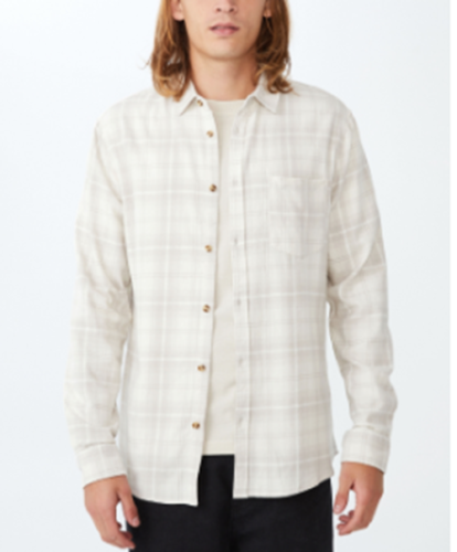 COTTON ON Mens Camden Long Sleeve Shirt Bone Checked Medium