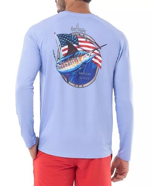 Guy Harvey Men's Long-Sleeve Crew Neck Graphic T-Shirt Powder Blue Small