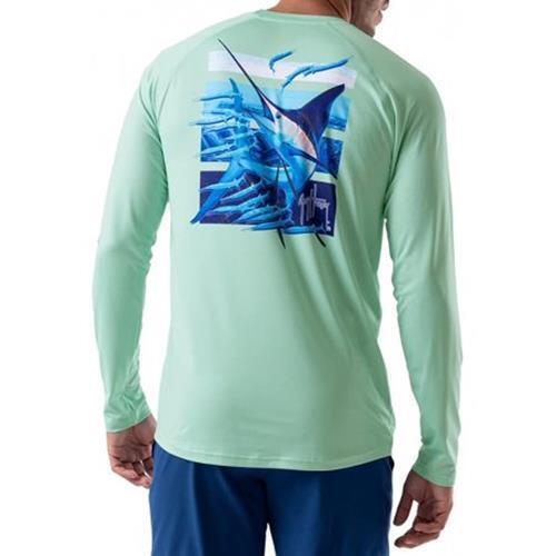Guy Harvey Mens Long-Sleeve Crewneck T-Shirt UPF Beach Glass Medium