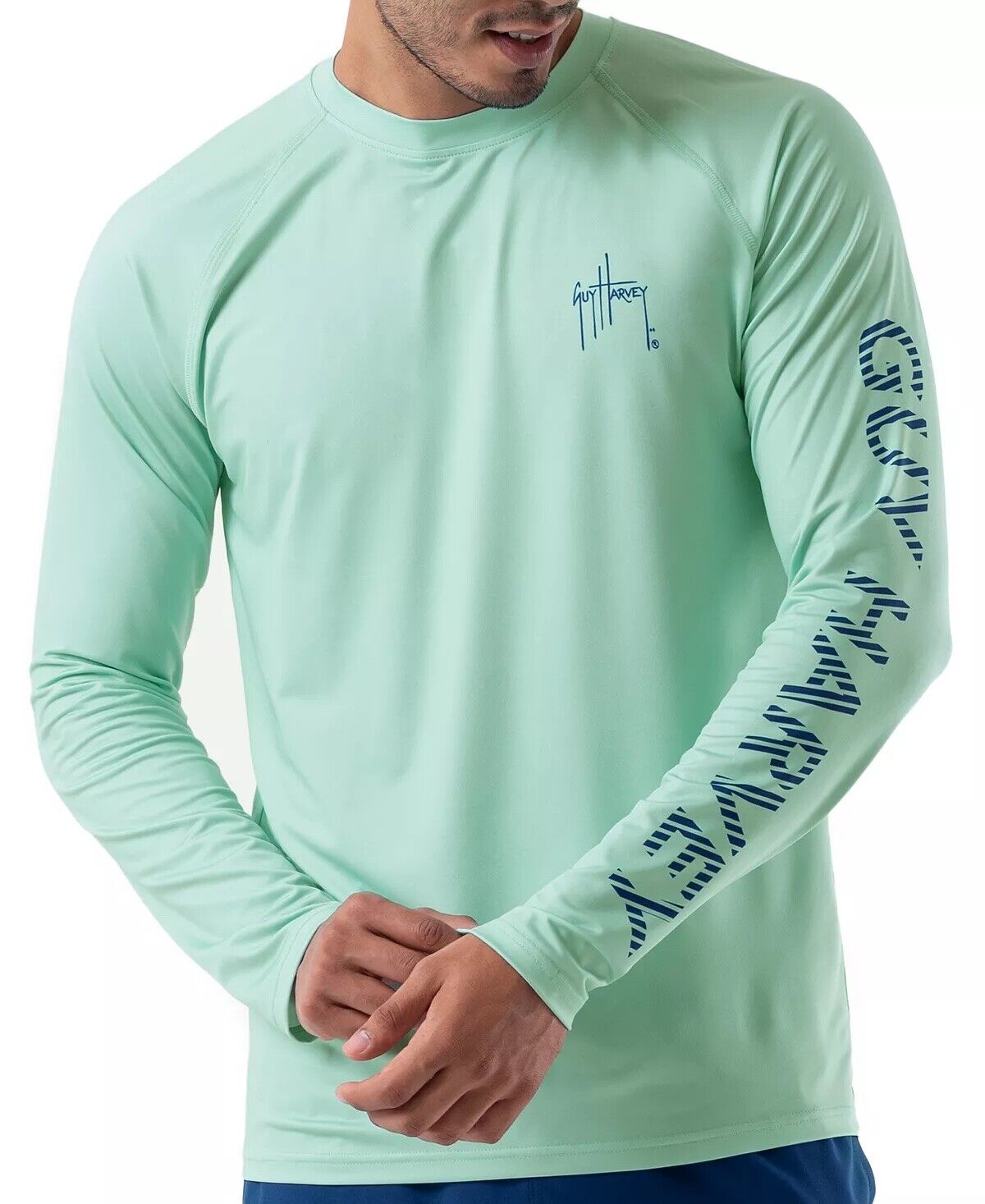 Guy Harvey Mens Long-Sleeve Crewneck T-Shirt UPF Beach Glass Medium