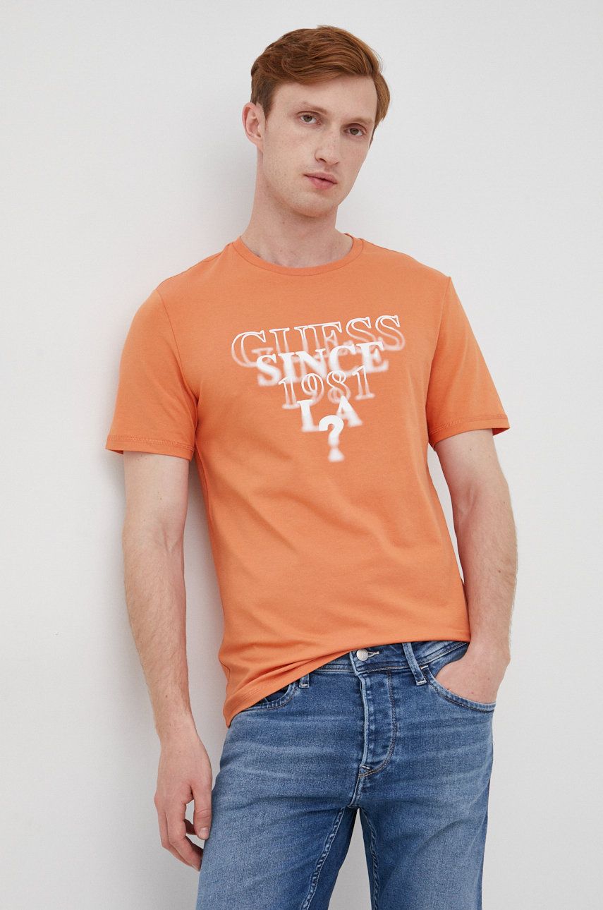 Guess Men's Blurry Logo Graphic Short Sleeve T Shirt Saffron Peach Large