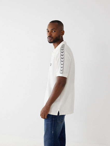 True Religion Men's Damask Short Sleeve Polo Shirt White Large