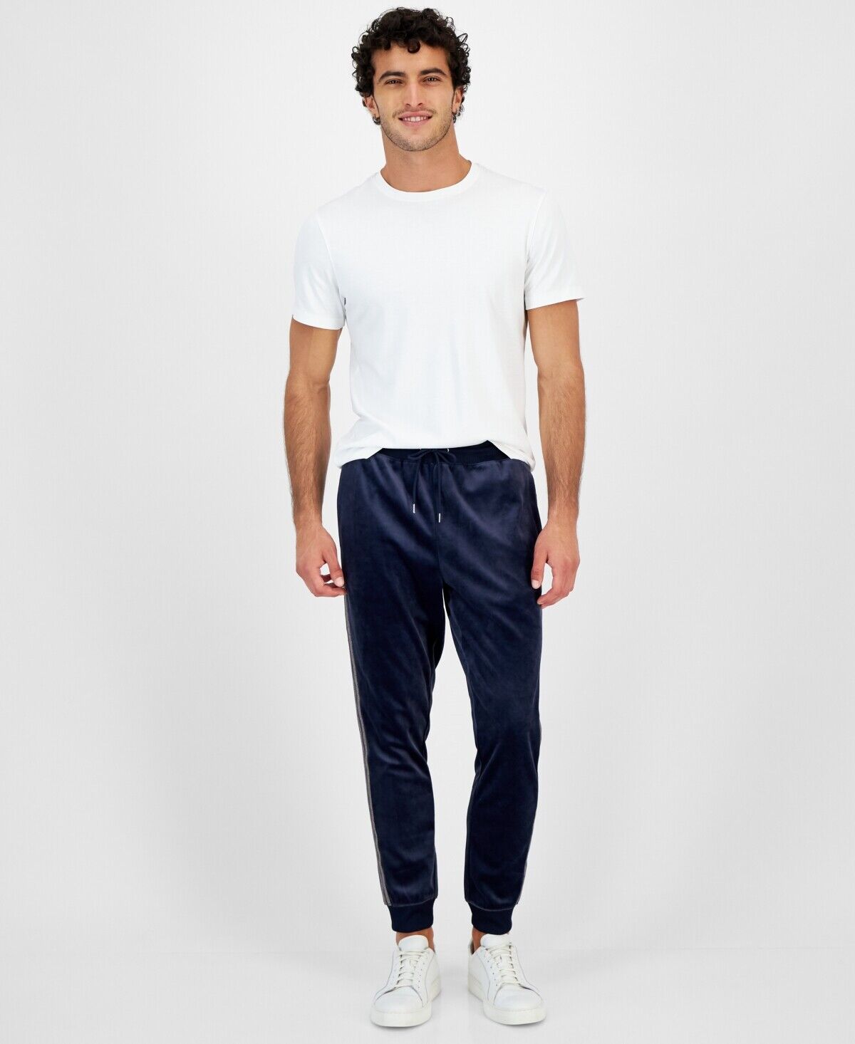 International Concpets Mens Regular-Fit Side Stripe Navy Sweatpants Large