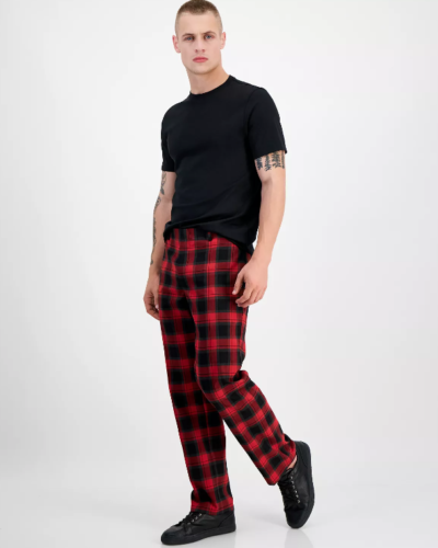 INC International Concepts Men's Slim Fit Plaid Dress Pants Red Black 33 x 32