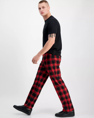 INC International Concepts Men's Slim Fit Plaid Dress Pants Red Black 33 x 32