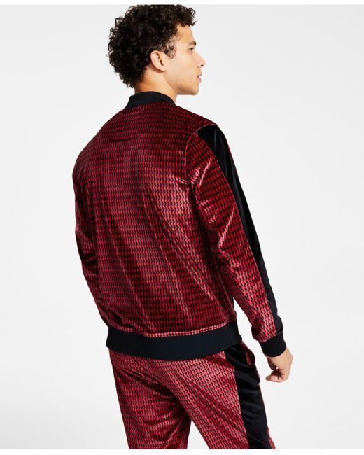 INC Men's Classic-Fit Geo-Print Full-Zip Velour Tracksuit Jacket Ruby Medium