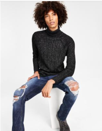 INC  Mens Classic-Fit Metallic Cable Knit Sweater Black Small