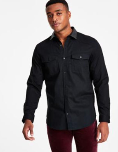 INC International Concepts Mens Classic-Fit Solid Button Deep Black Shirt Small