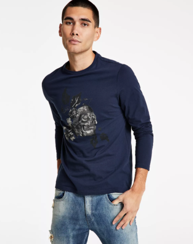 I.N.C. International Concepts Mens Devon Long Sleeve Skull T Shirt Navy 2XL XXL