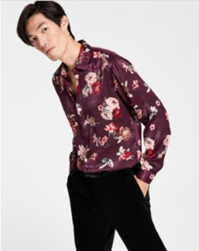 INC International Concepts Mens Floral Print Long-Sleeve Noble Blush Red XS