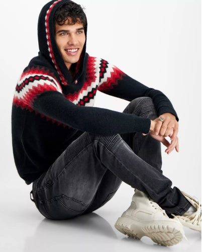 INC International Concepts Mens Ollie Geo-Print Hoodie Sweater Black XS Cashmere