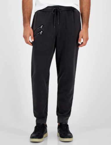 I.N.C.  Men's Regular-Fit Acid-Washed Moto Joggers Deep Black Large