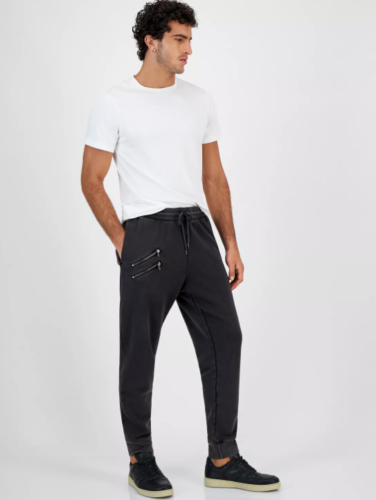 I.N.C.  Men's Regular-Fit Acid-Washed Moto Joggers Deep Black Large