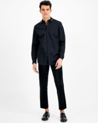 INC International Concepts Mens Rhinestone Trim Collar Shirt Black Large