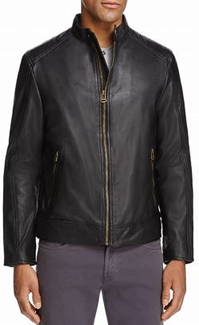Cole Haan Mens Washed Genuine Leather Moto Jacket Large Black