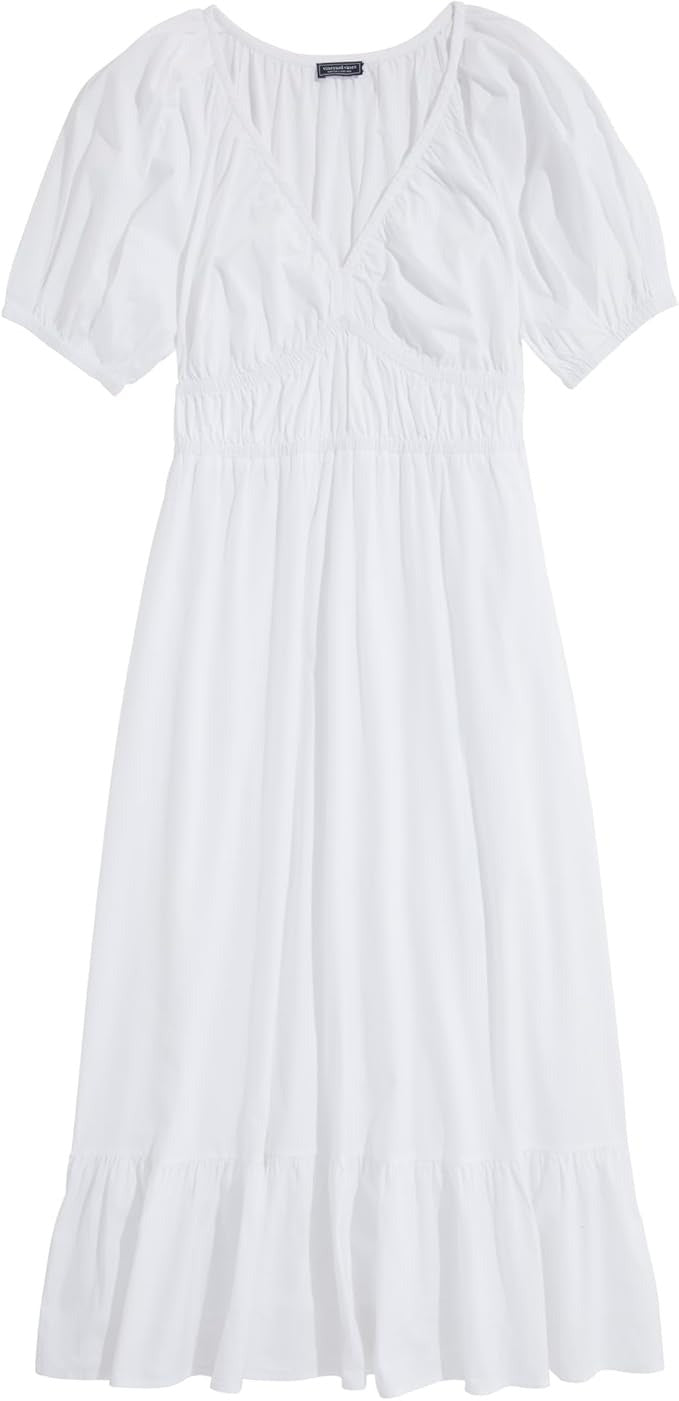 vineyard vines Women's Marina Poplin Puff-Sleeve Midi Dress XS White V Neck