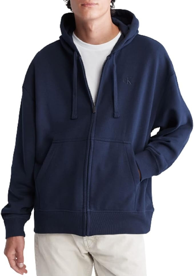 Calvin Klein Men's Logo Fleece Full Zip Hoodie Sweatshirt Large Navy Blue