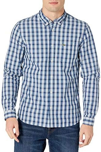 Lacoste Men's Small Check Poplin Button Down Shirt Size 38 / Small Blue
