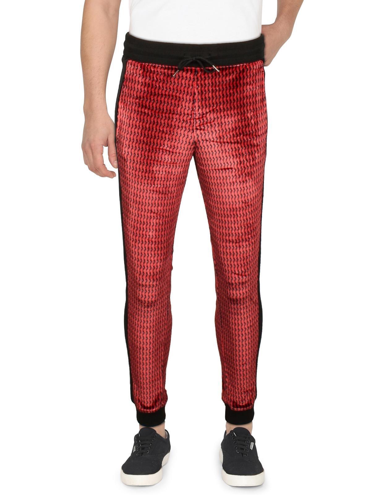 International Concepts Men's Squiggly Lines Drawstring Velour Pants Ruby XS