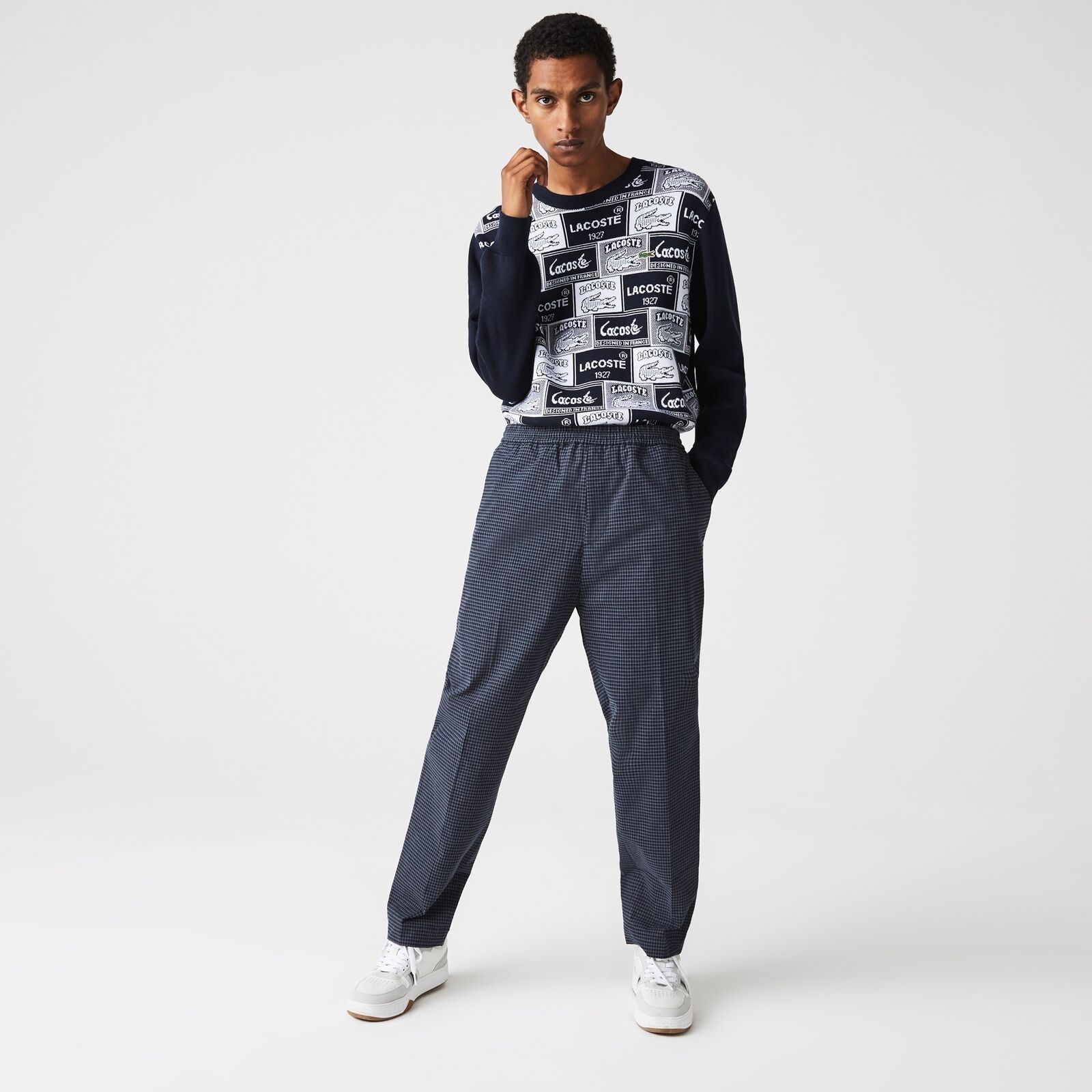 Lacoste Mens Heritage Tapered-Fit Checkered Sweatpants Navy Blue Large
