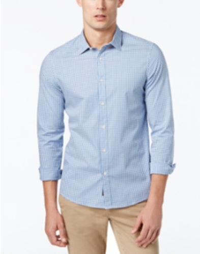 Michael Kors Mens Slim-Fit Trim Stretch Shirt Gingham Light Blue 2XL