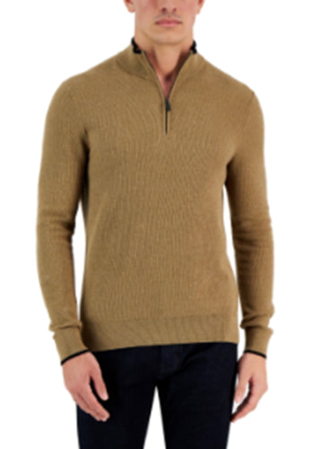 Michael Kors Mens Textured Quarter-Zip Sweater Husk Melange Small