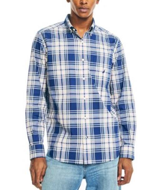 Nautica Mens Classic-Fit Plaid Button Down Poplin Shirt Estate Blue XS