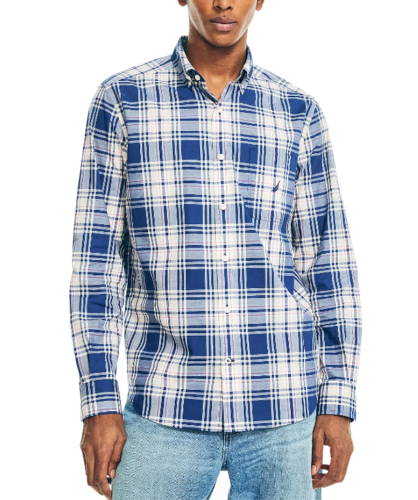 Nautica Men's Classic-Fit Plaid Poplin Shirt Undercurrent Blue 2XL