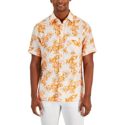 Club Room Men's Floral Weave Short sleeve Button up Shirt Orange White Small