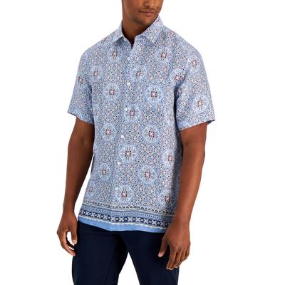 Club Room Men's Geometric Medallion Linen Short Sleeve Shirt Blue Navy Xxl